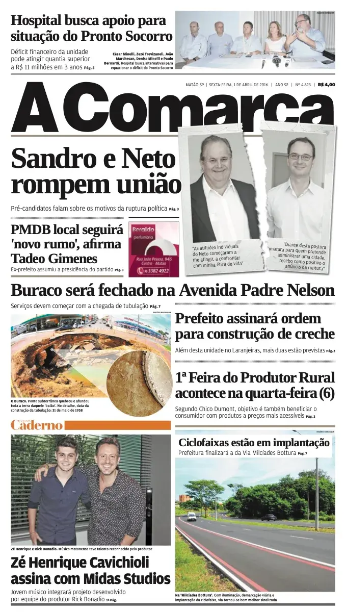 Primeira página da edição 4823 de A Comarca, 1 de abril de 2016