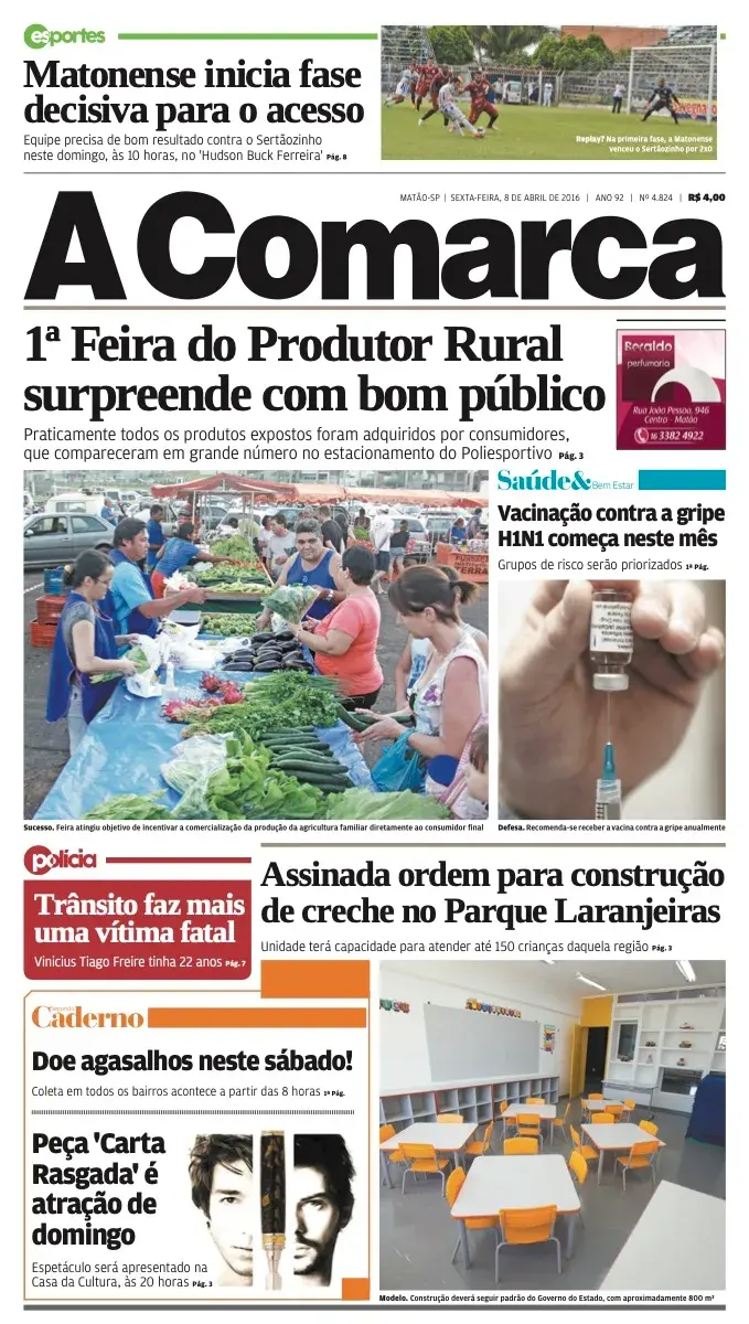Primeira página da edição 4824 de A Comarca, 8 de abril de 2016