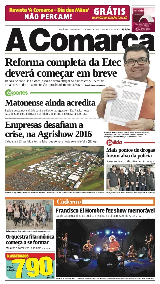 Primeira página da edição 4826 de A Comarca, 22 de abril de 2016