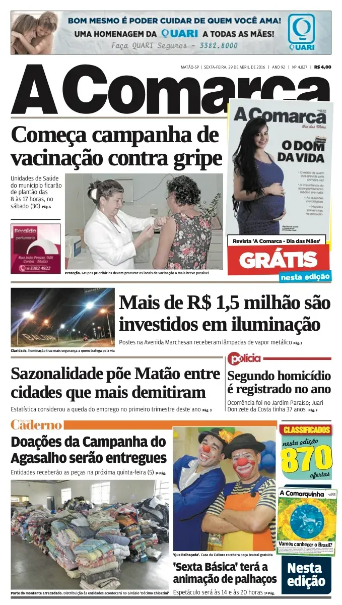 Primeira página da edição 4827 de A Comarca, 29 de abril de 2016