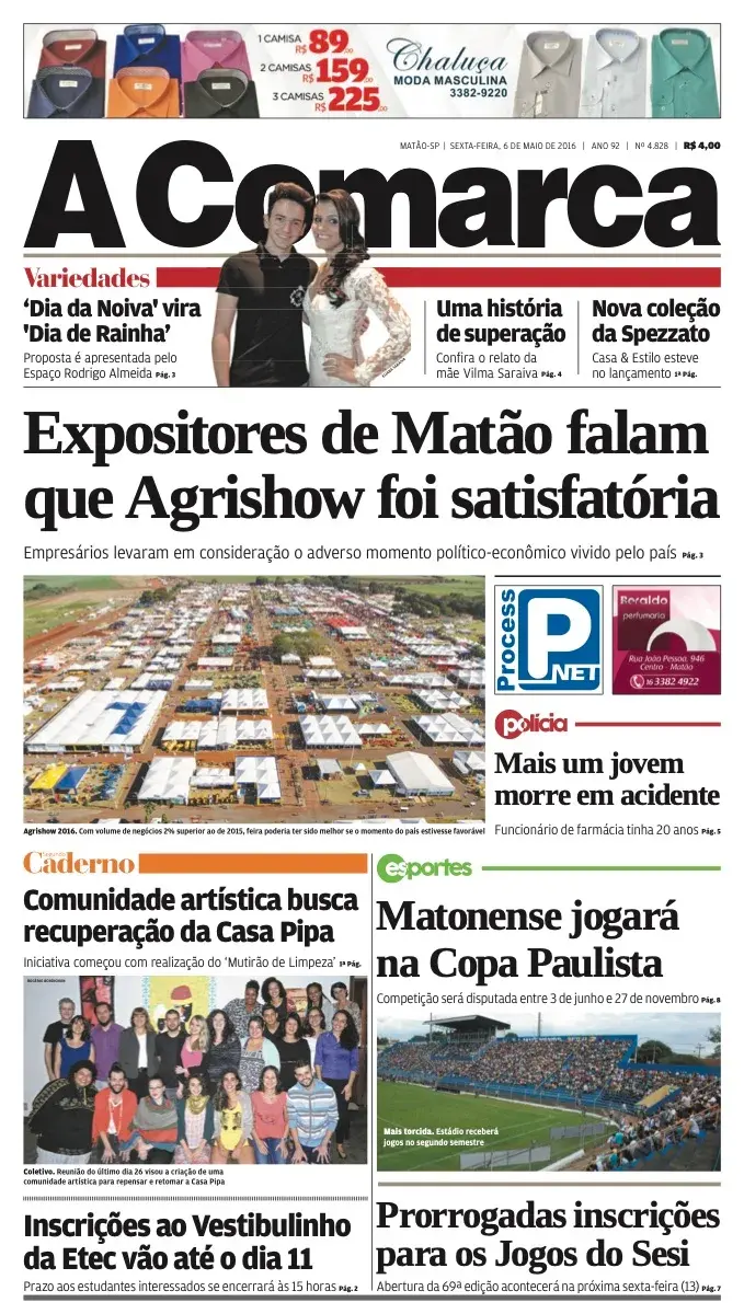 Primeira página da edição 4828 de A Comarca, 6 de maio de 2016
