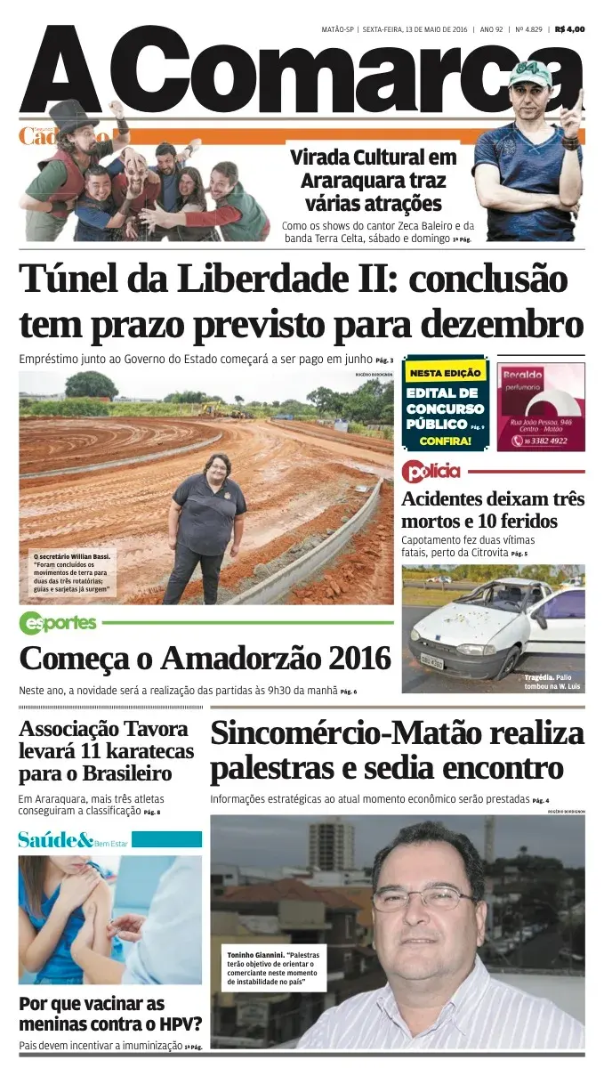Primeira página da edição 4829 de A Comarca, 13 de maio de 2016