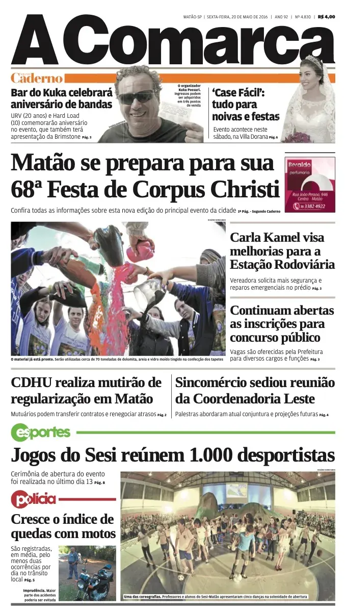 Primeira página da edição 4830 de A Comarca, 20 de maio de 2016