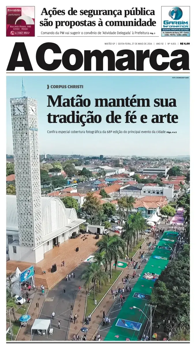 Primeira página da edição 4831 de A Comarca, 27 de maio de 2016