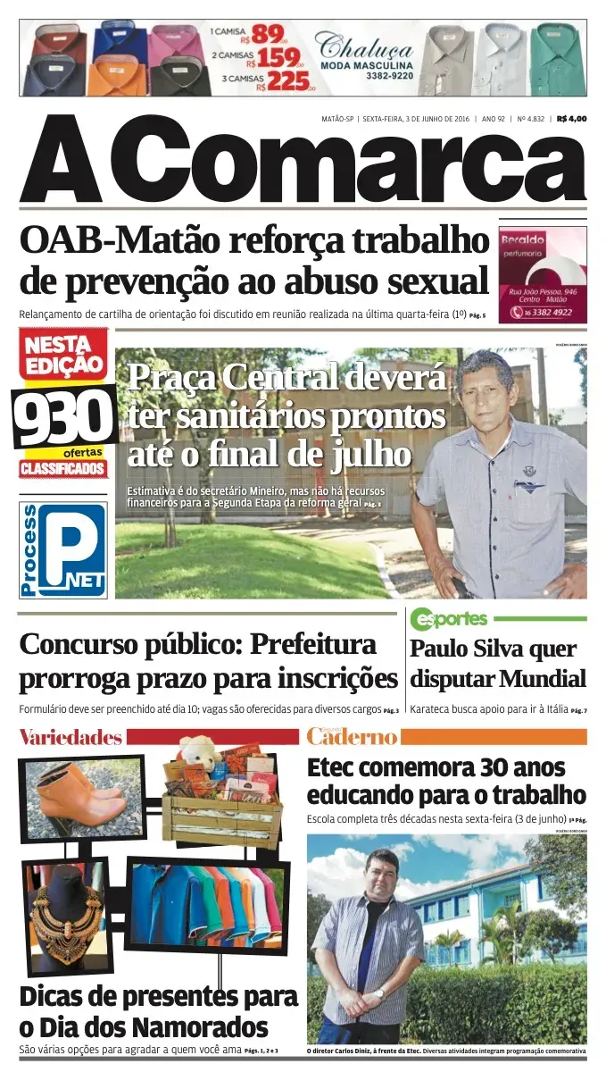 Primeira página da edição 4832 de A Comarca, 3 de junho de 2016