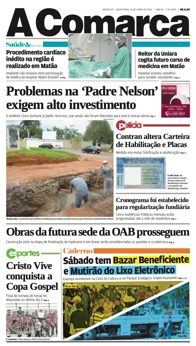 Primeira página da edição 4833 de A Comarca, 10 de junho de 2016