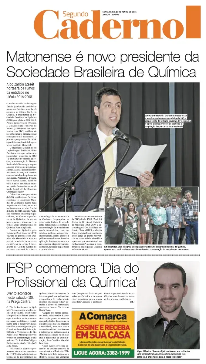 Primeira página da edição 4834 de A Comarca, 17 de junho de 2016