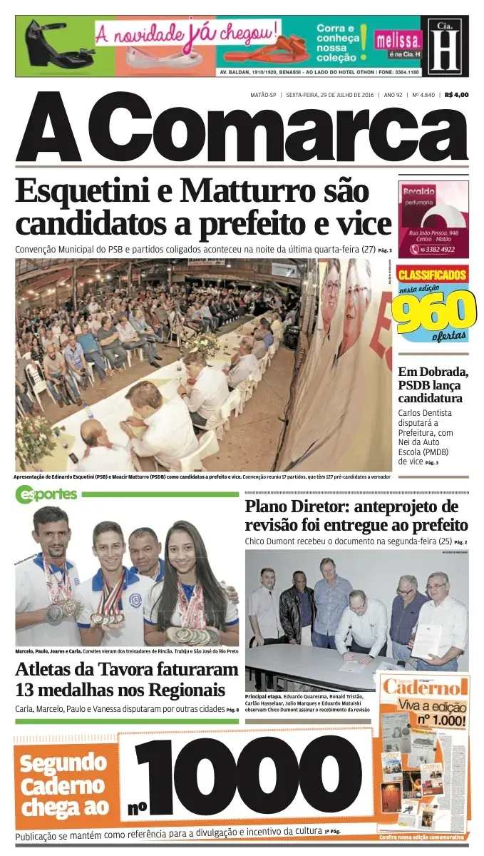 Primeira página da edição 4840 de A Comarca, 29 de julho de 2016