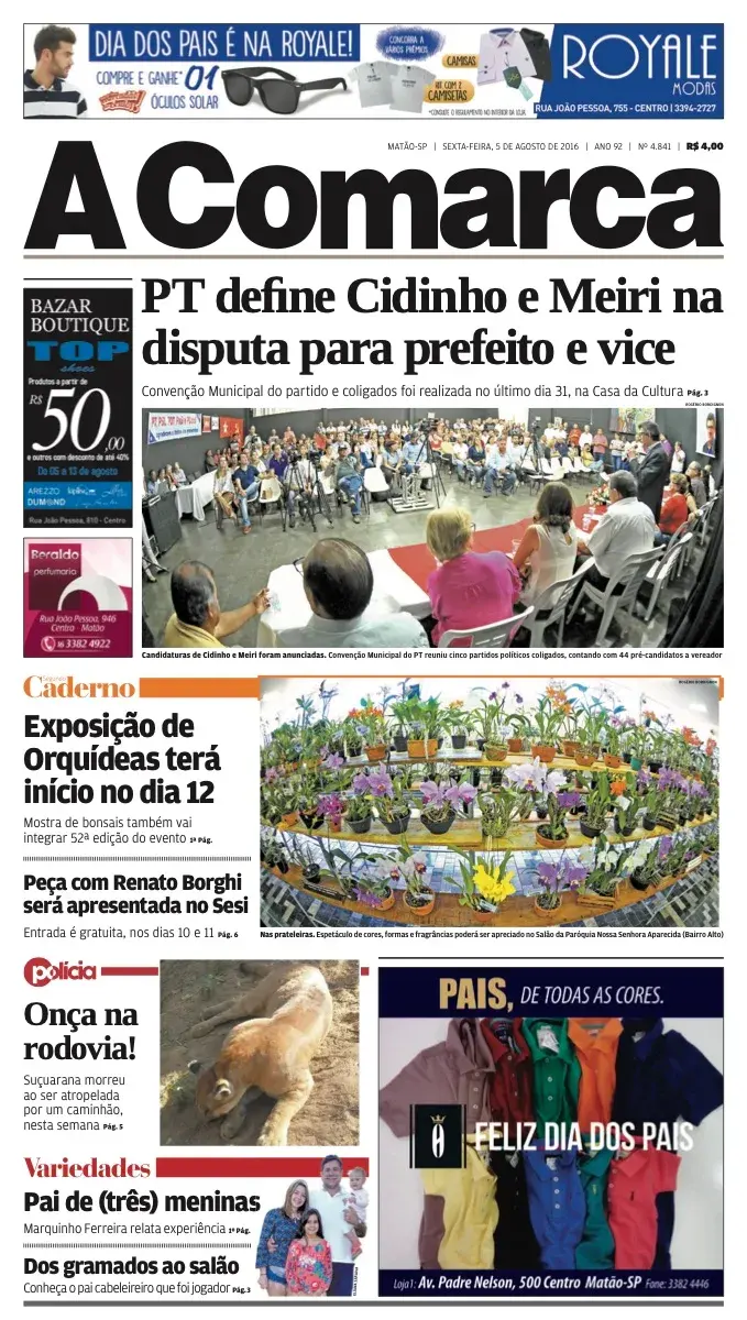 Primeira página da edição 4841 de A Comarca, 5 de agosto de 2016