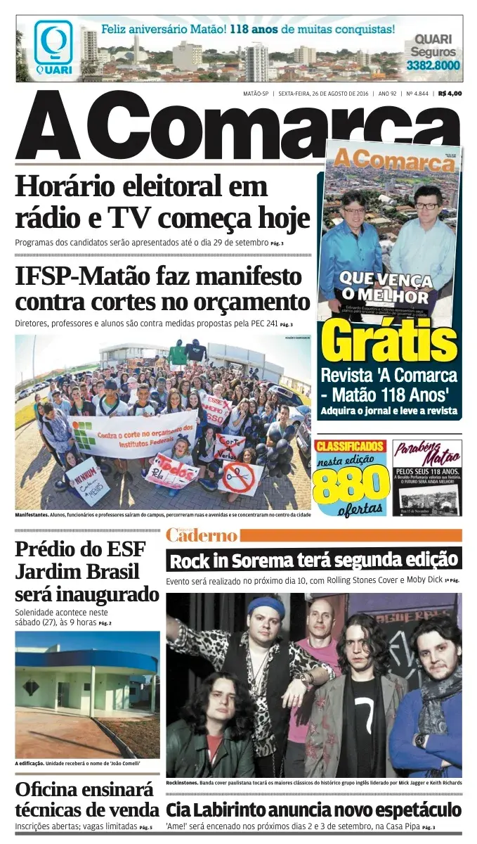 Primeira página da edição 4844 de A Comarca, 26 de agosto de 2016