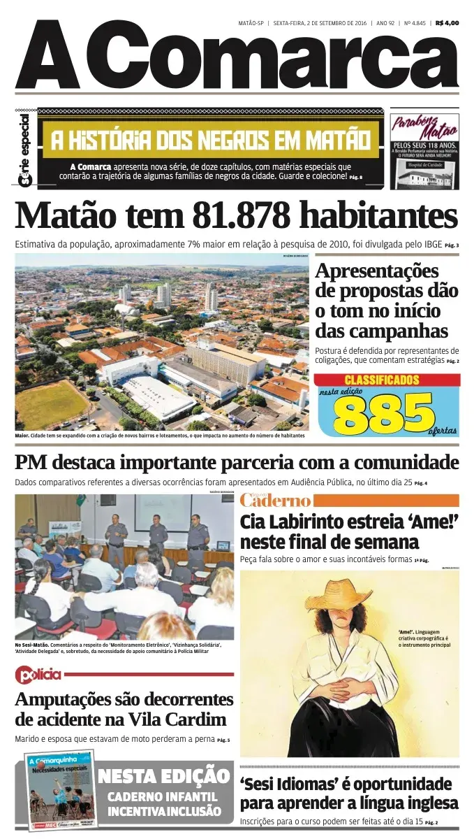 Primeira página da edição 4845 de A Comarca, 2 de setembro de 2016