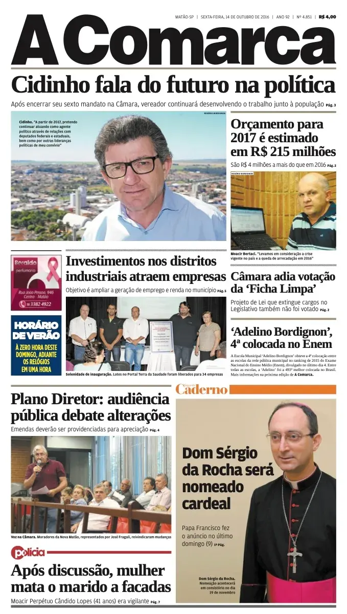 Primeira página da edição 4851 de A Comarca, 14 de outubro de 2016
