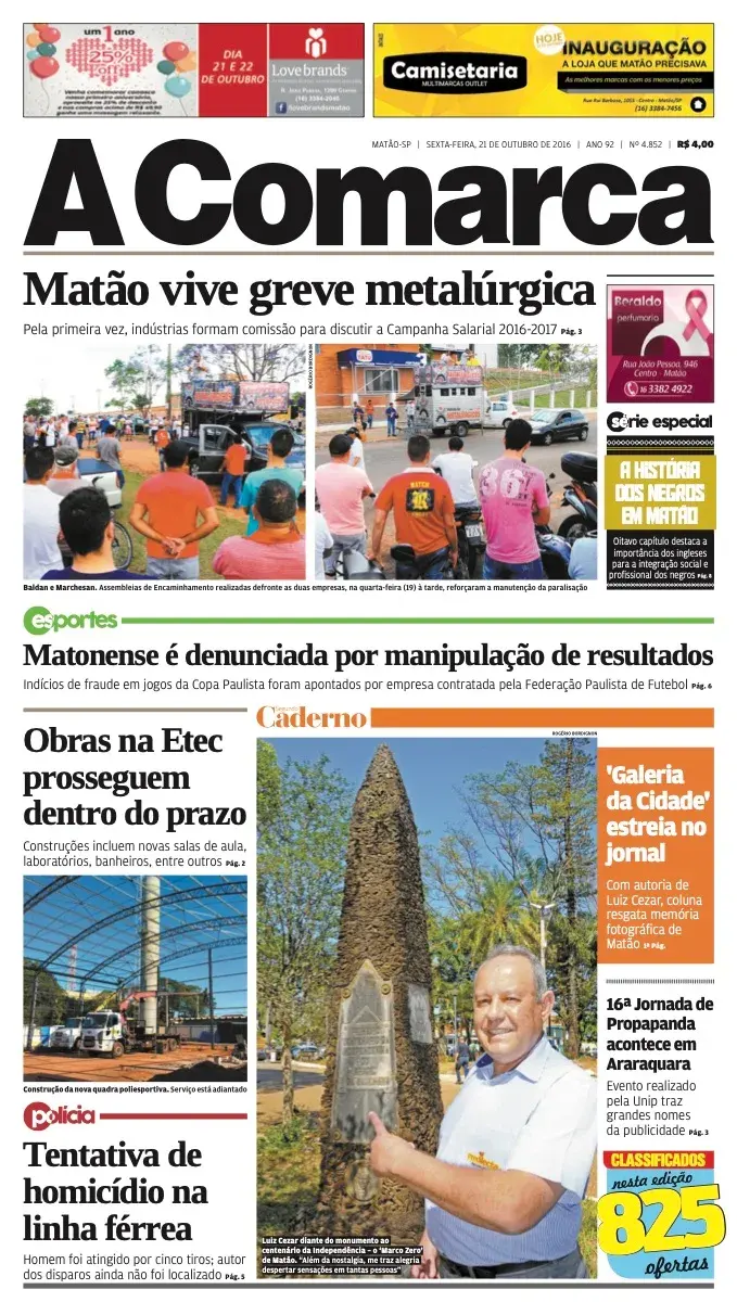 Primeira página da edição 4852 de A Comarca, 21 de outubro de 2016