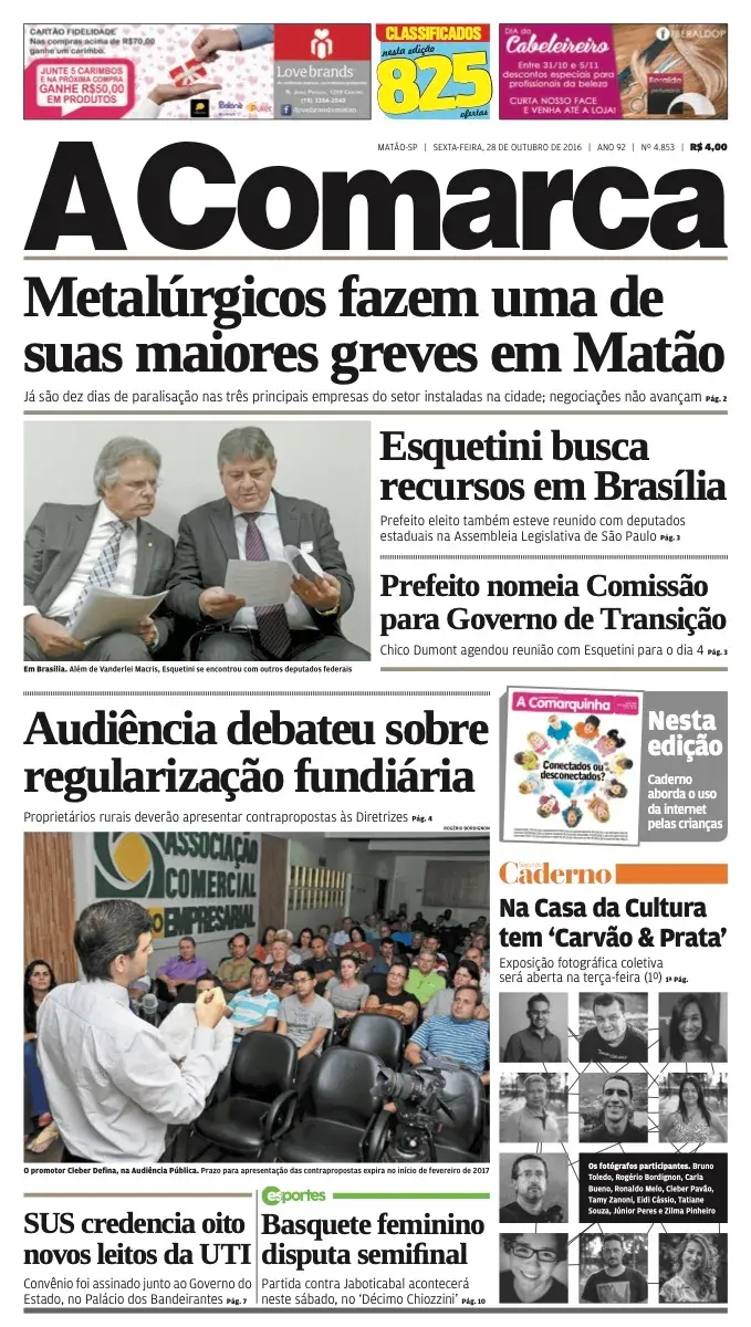 Primeira página da edição 4853 de A Comarca, 28 de outubro de 2016