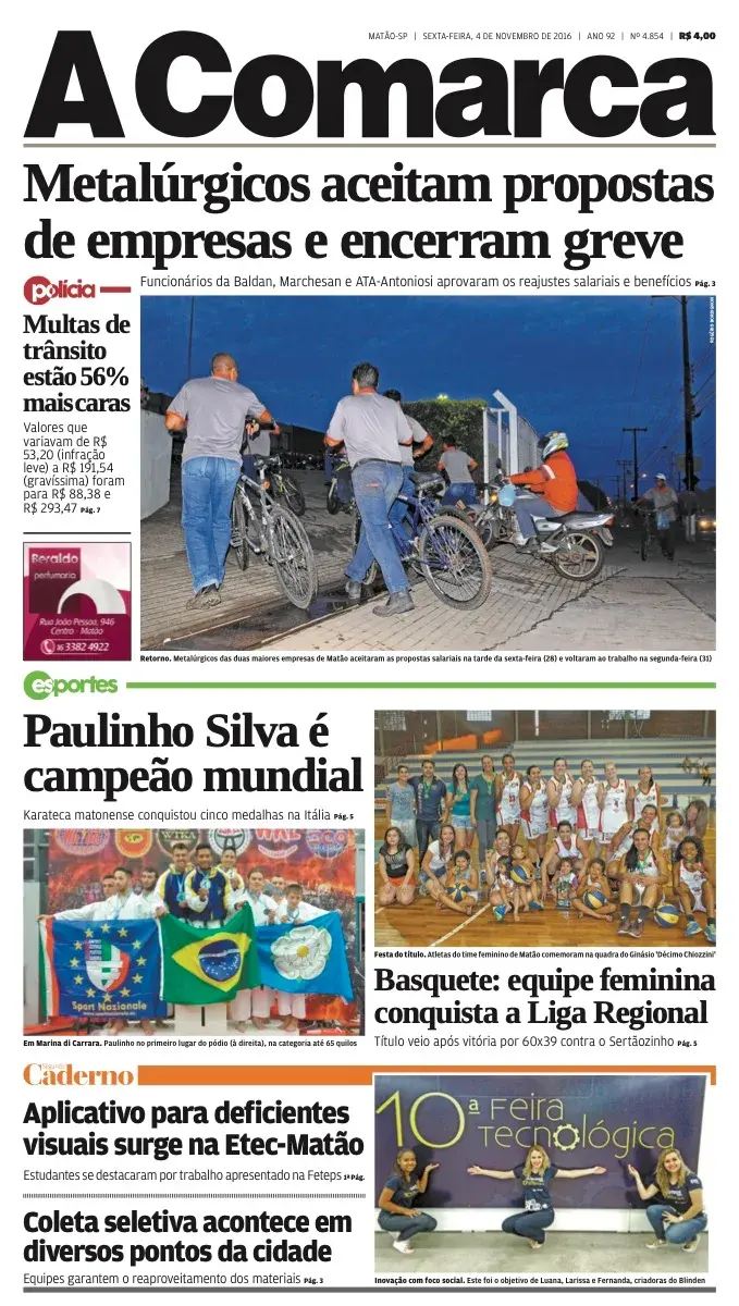 Primeira página da edição 4854 de A Comarca, 4 de novembro de 2016