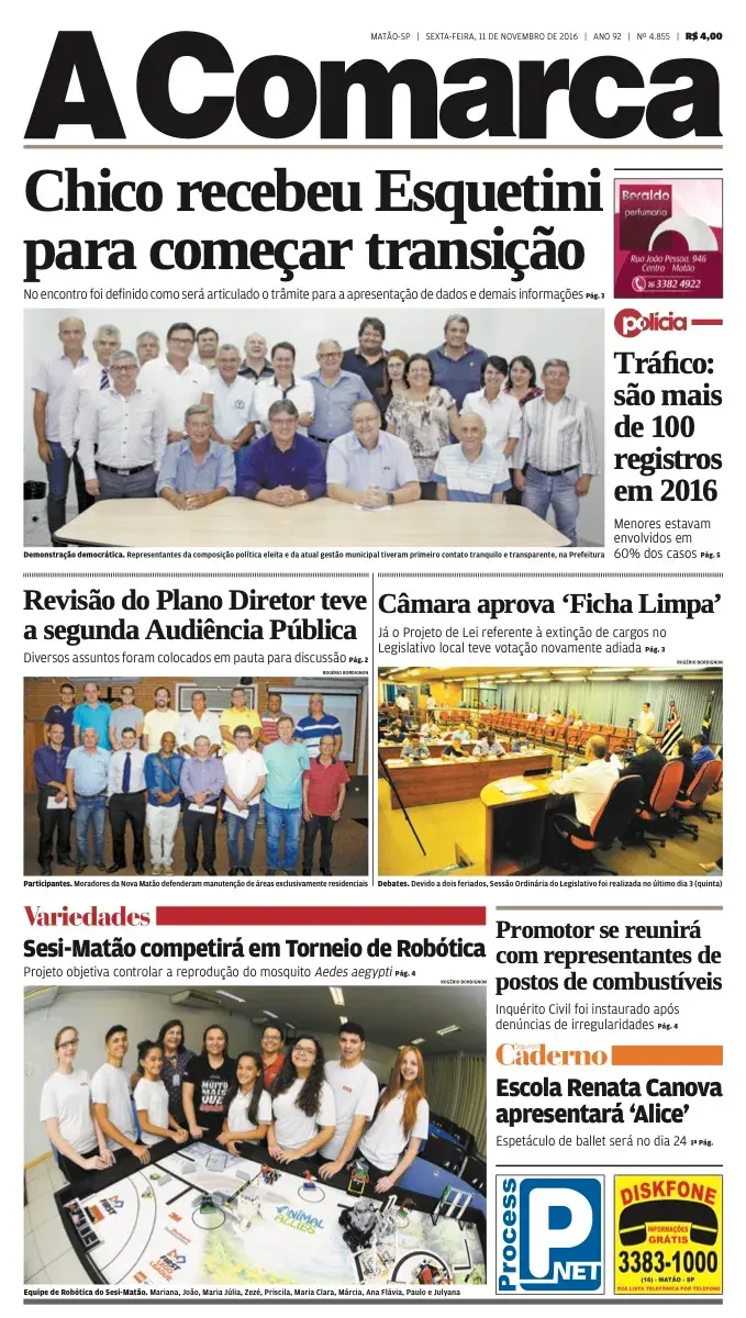 Primeira página da edição 4855 de A Comarca, 11 de novembro de 2016