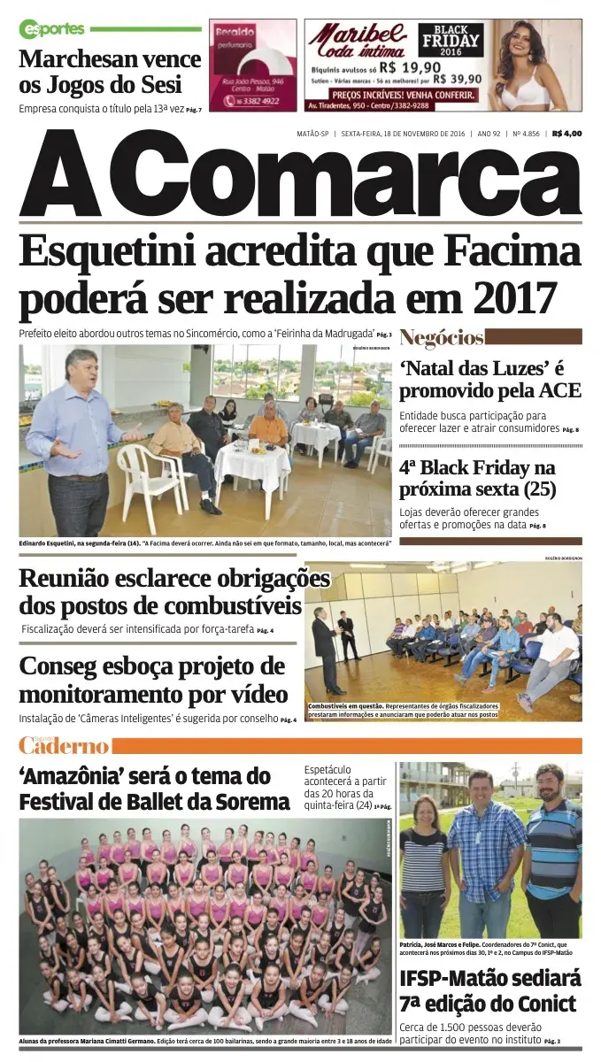 Primeira página da edição 4856 de A Comarca, 18 de novembro de 2016