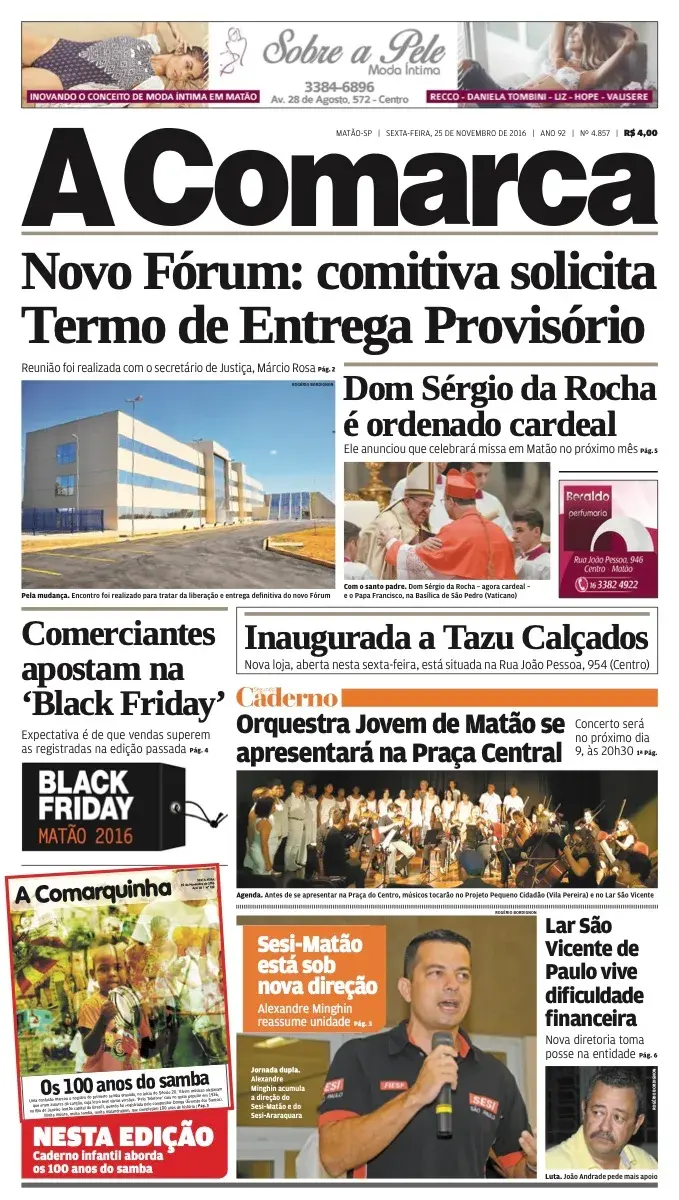 Primeira página da edição 4857 de A Comarca, 25 de novembro de 2016