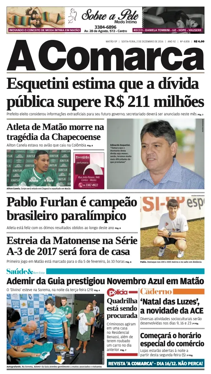 Primeira página da edição 4858 de A Comarca, 2 de dezembro de 2016
