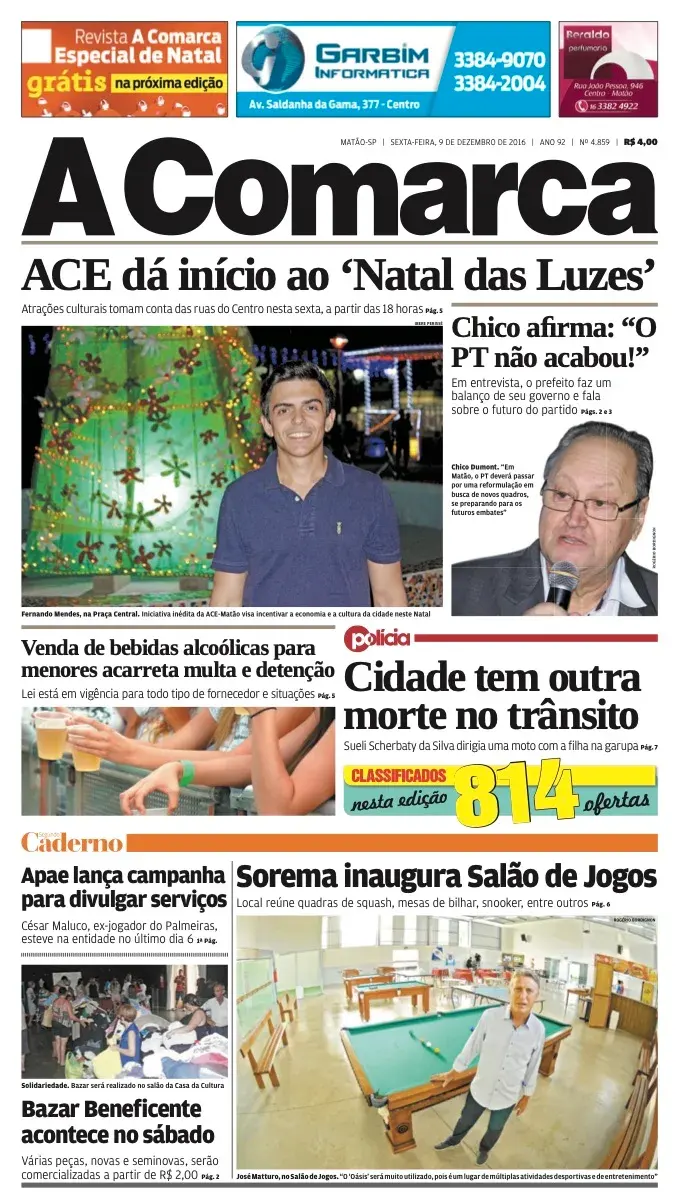 Primeira página da edição 4859 de A Comarca, 9 de dezembro de 2016