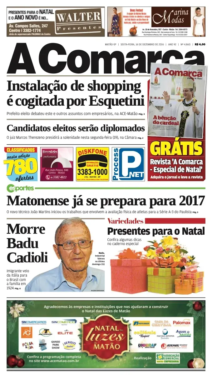 Primeira página da edição 4860 de A Comarca, 16 de dezembro de 2016