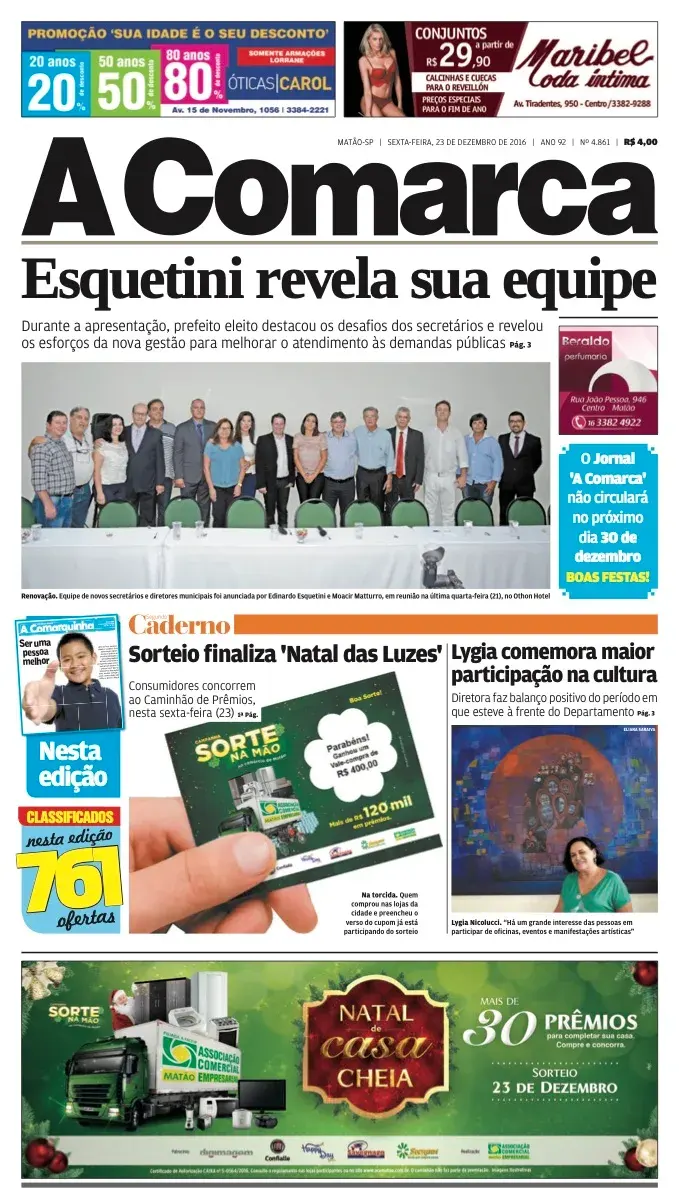 Primeira página da edição 4861 de A Comarca, 23 de dezembro de 2016