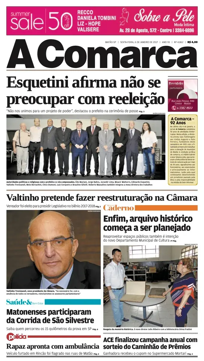 Primeira página da edição 4862 de A Comarca, 6 de janeiro de 2017