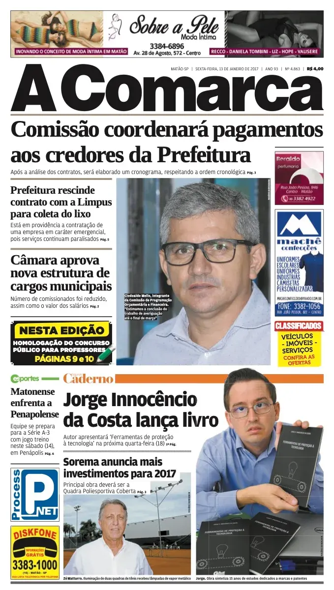 Primeira página da edição 4863 de A Comarca, 13 de janeiro de 2017