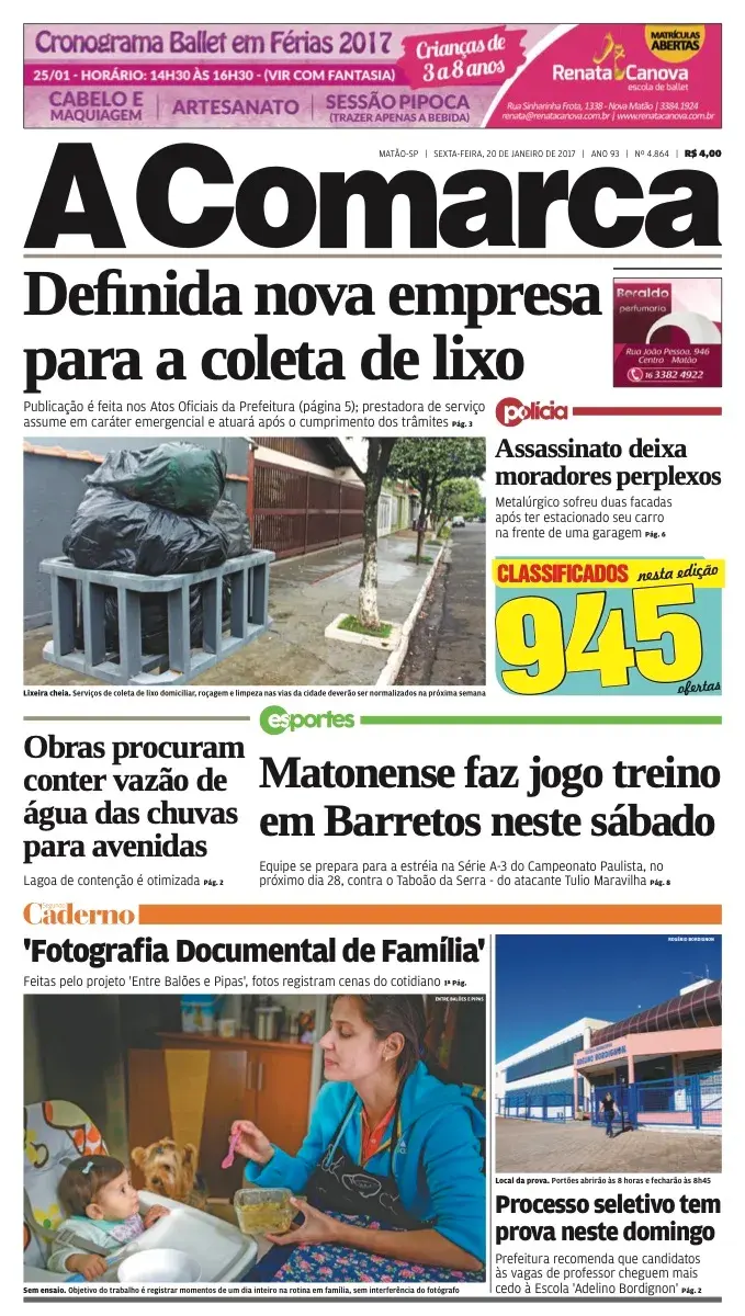 Primeira página da edição 4864 de A Comarca, 20 de janeiro de 2017