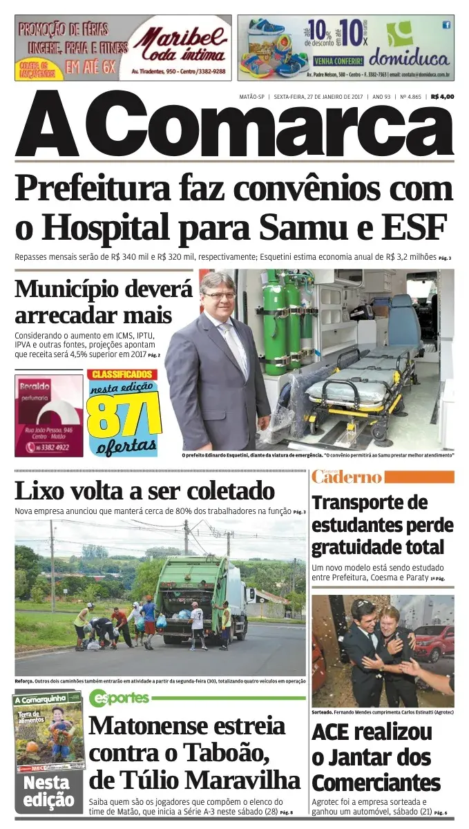 Primeira página da edição 4865 de A Comarca, 27 de janeiro de 2017