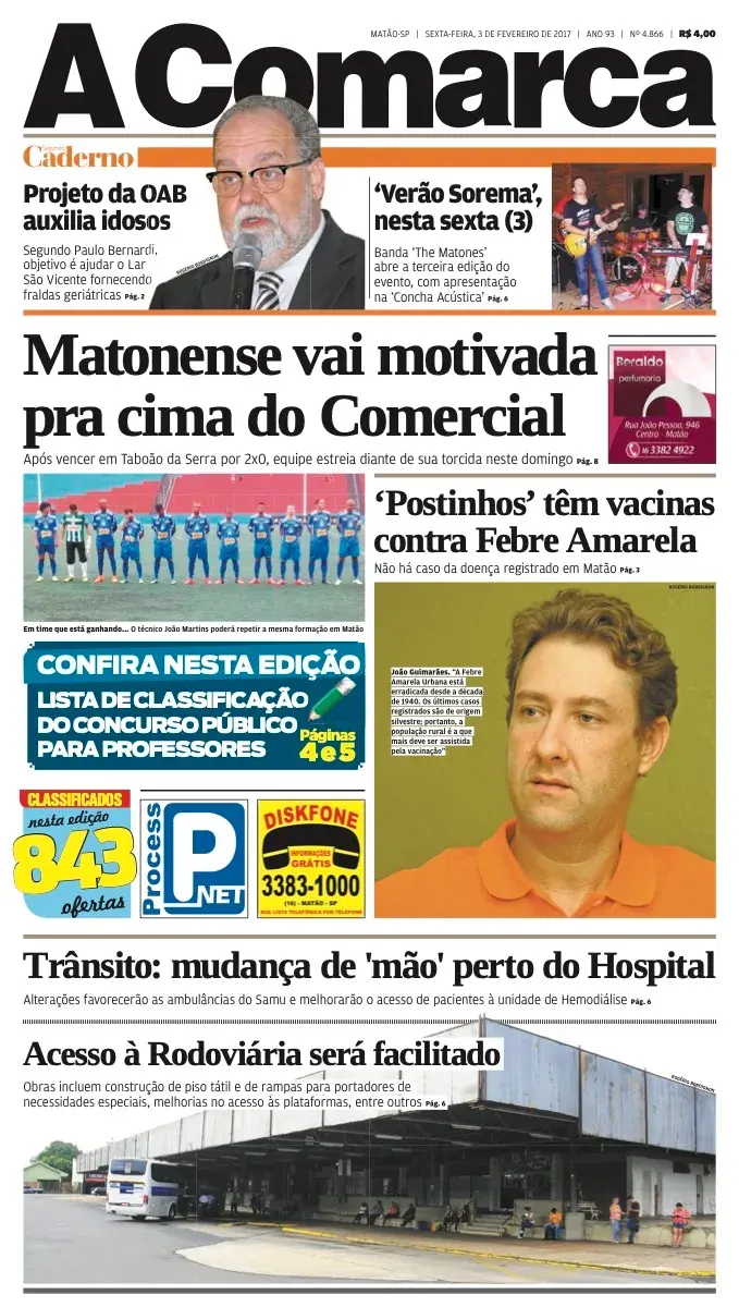 Primeira página da edição 4866 de A Comarca, 3 de fevereiro de 2017