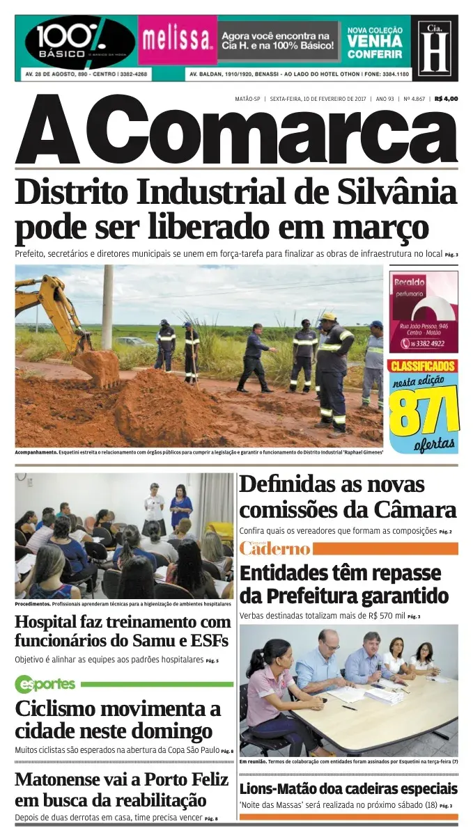 Primeira página da edição 4867 de A Comarca, 10 de fevereiro de 2017