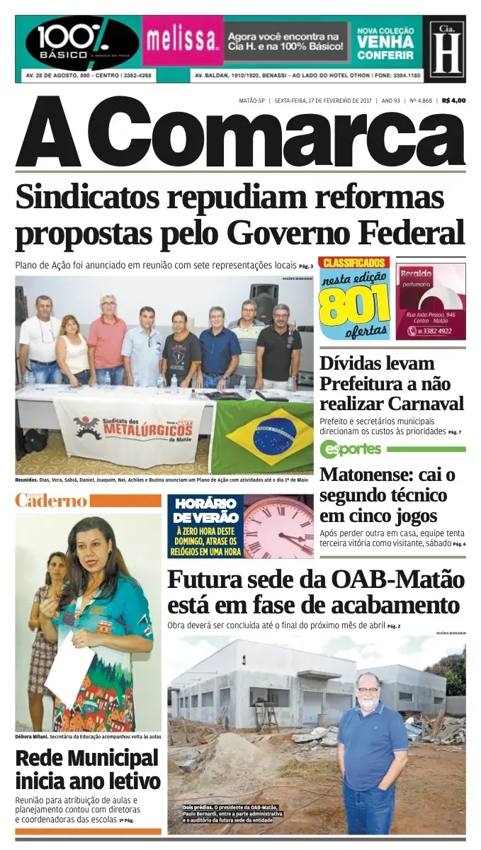 Primeira página da edição 4868 de A Comarca, 17 de fevereiro de 2017