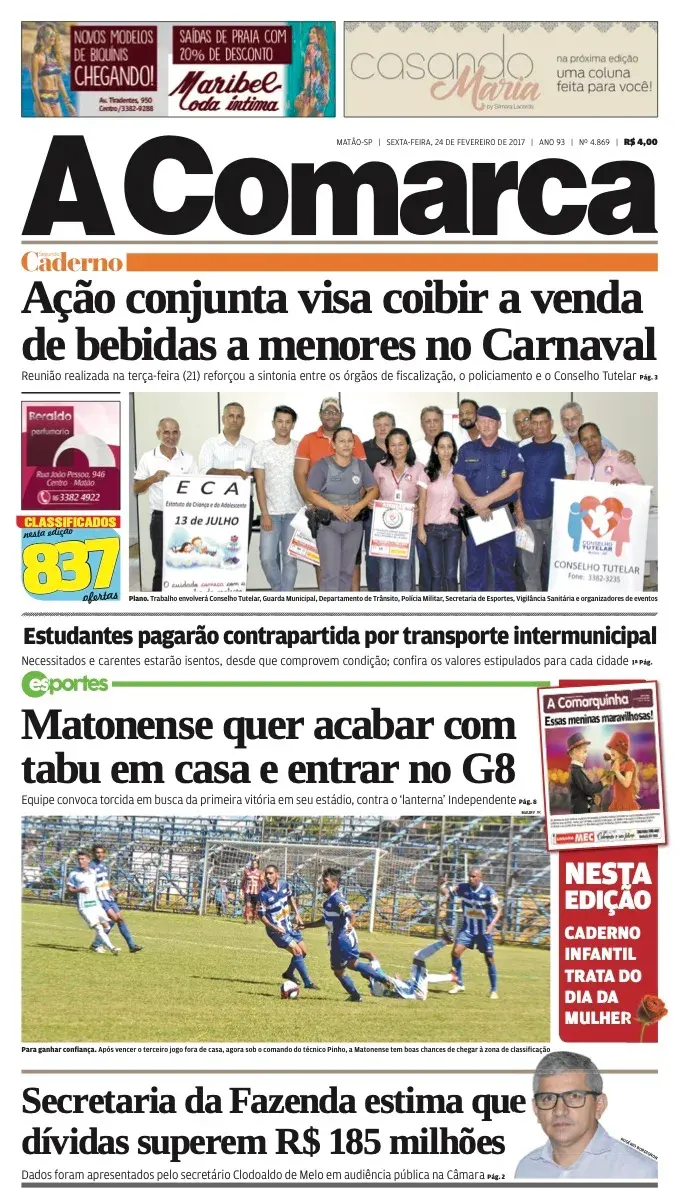 Primeira página da edição 4869 de A Comarca, 24 de fevereiro de 2017