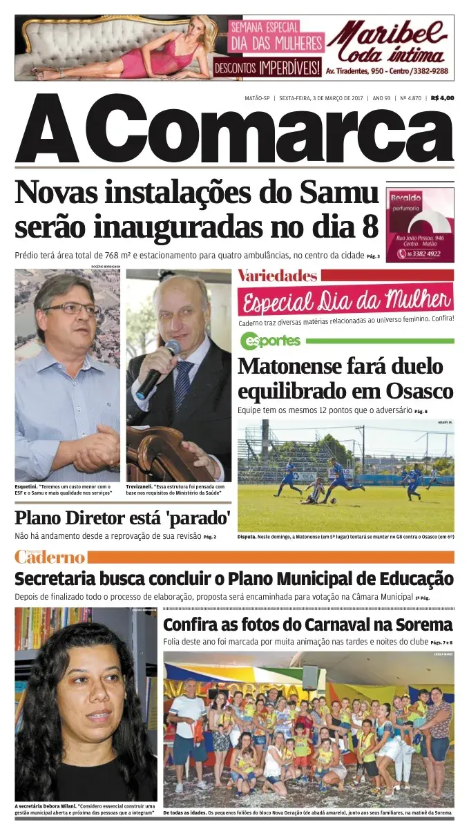 Primeira página da edição 4870 de A Comarca, 3 de março de 2017