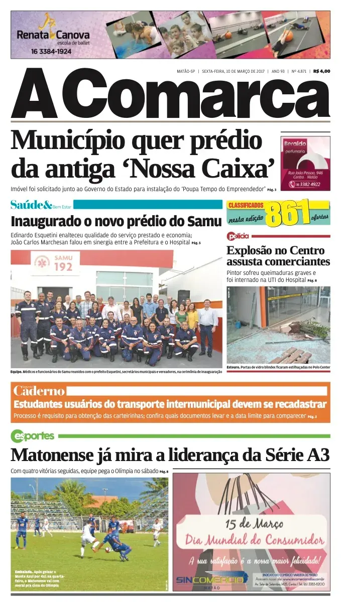 Primeira página da edição 4871 de A Comarca, 10 de março de 2017