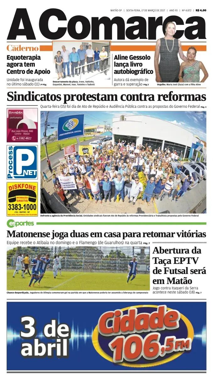 Primeira página da edição 4872 de A Comarca, 17 de março de 2017