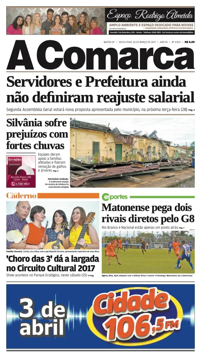 Primeira página da edição 4873 de A Comarca, 24 de março de 2017