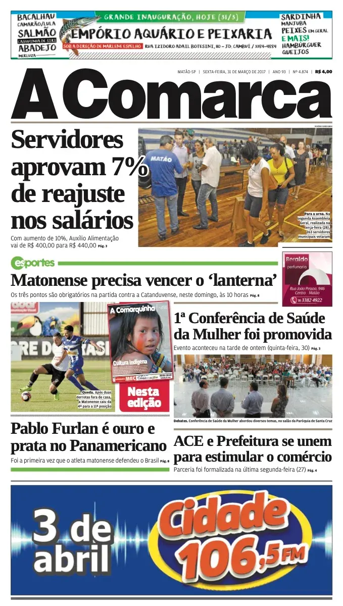 Primeira página da edição 4874 de A Comarca, 31 de março de 2017