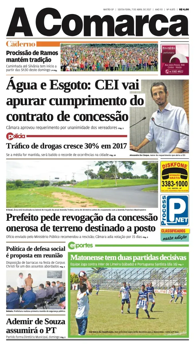 Primeira página da edição 4875 de A Comarca, 7 de abril de 2017