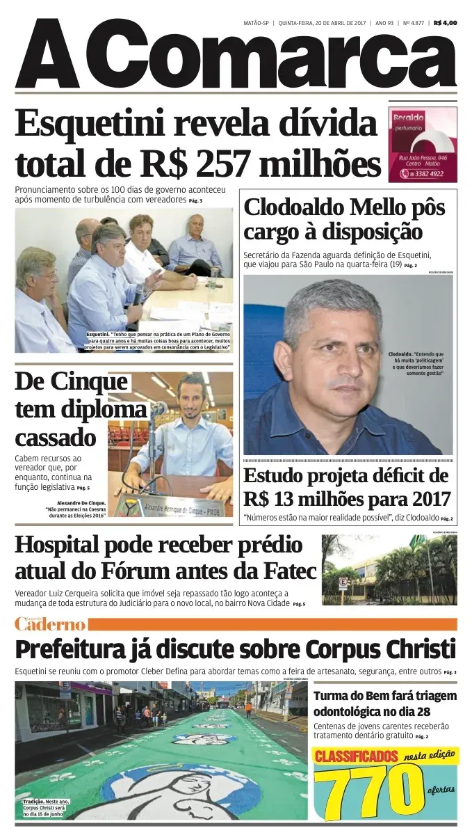 Primeira página da edição 4877 de A Comarca, 20 de abril de 2017