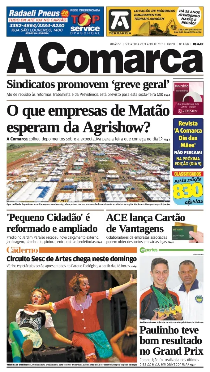 Primeira página da edição 4878 de A Comarca, 28 de abril de 2017