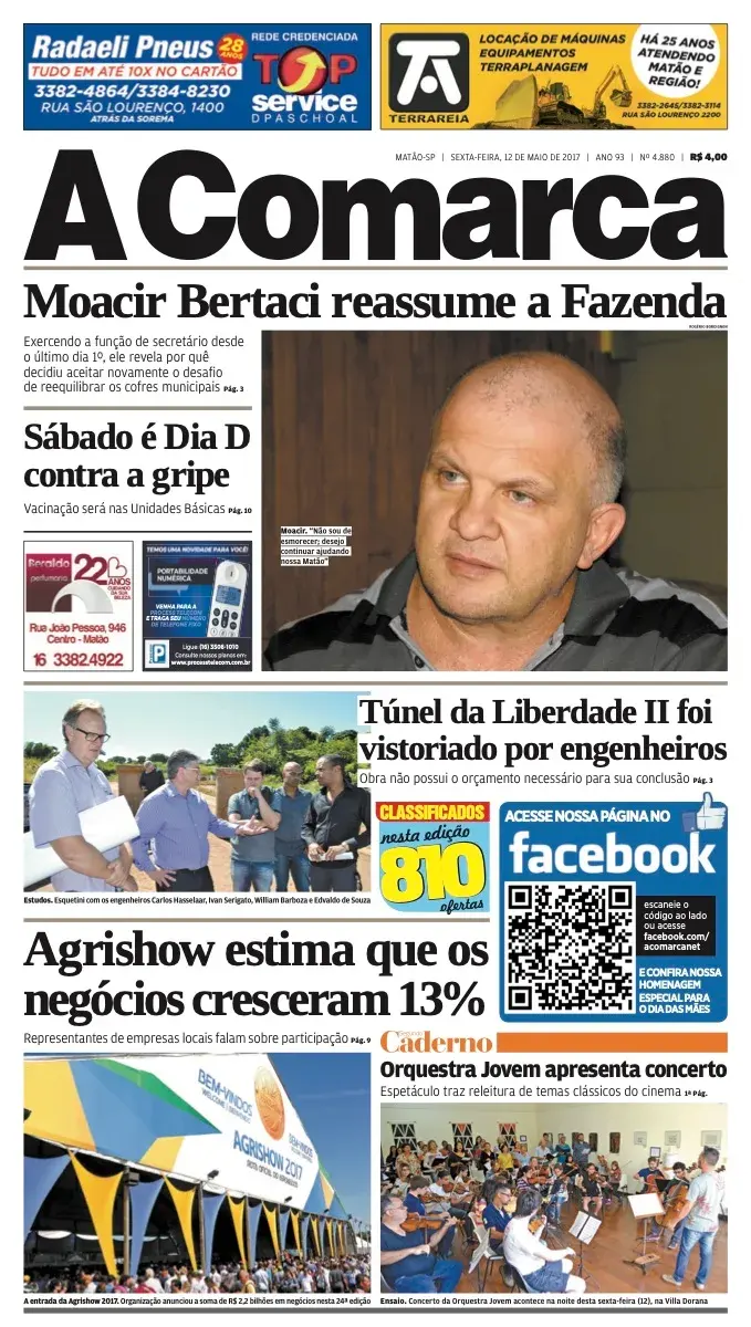 Primeira página da edição 4880 de A Comarca, 12 de maio de 2017