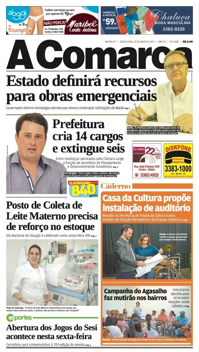 Primeira página da edição 4881 de A Comarca, 19 de maio de 2017