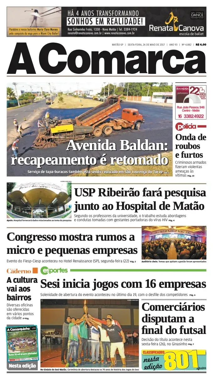 Primeira página da edição 4882 de A Comarca, 26 de maio de 2017