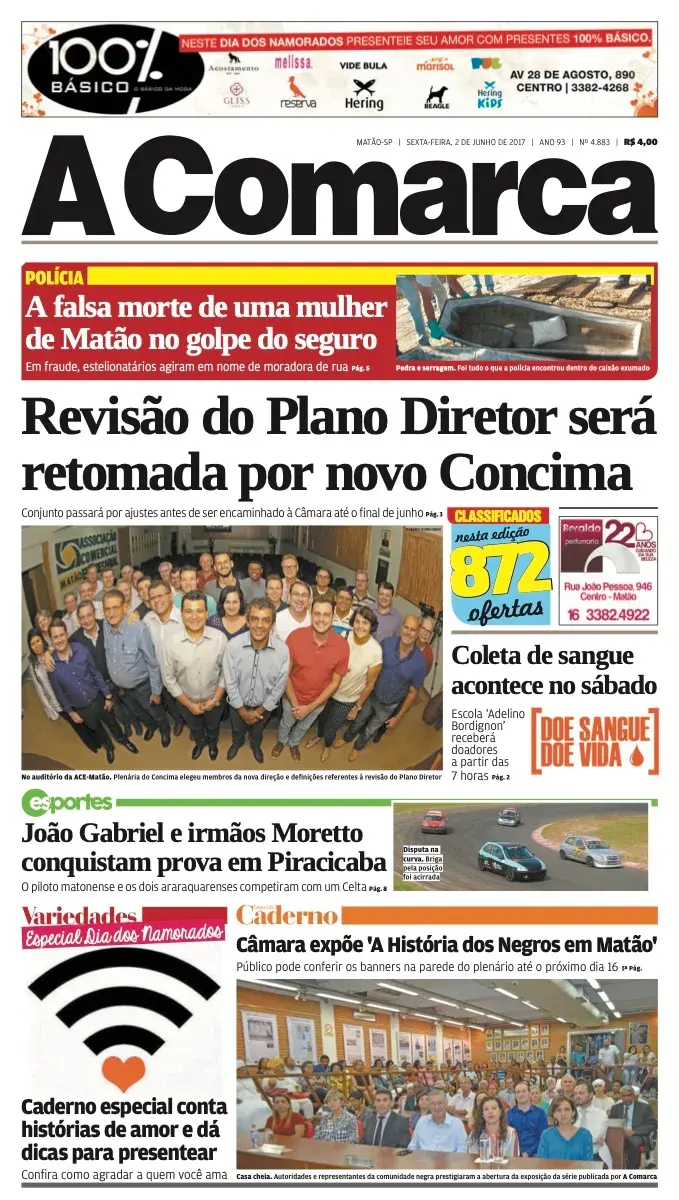 Primeira página da edição 4883 de A Comarca, 2 de junho de 2017