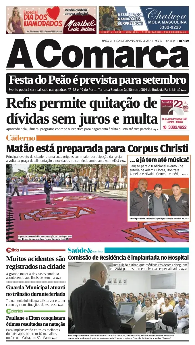 Primeira página da edição 4884 de A Comarca, 9 de junho de 2017