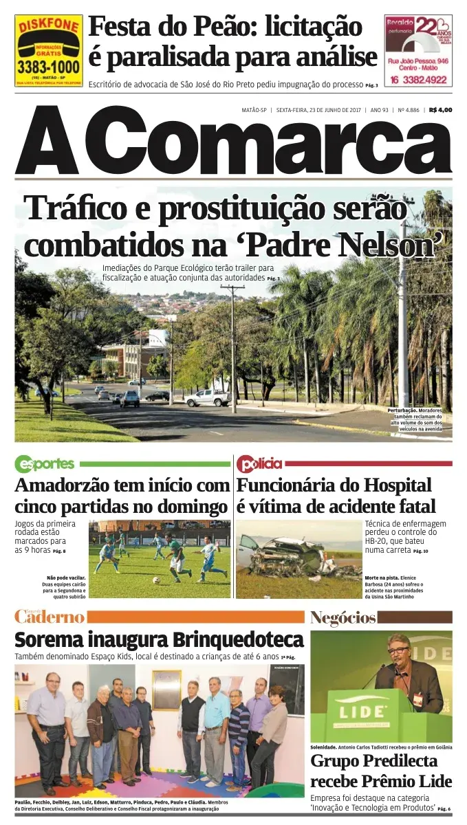 Primeira página da edição 4886 de A Comarca, 23 de junho de 2017