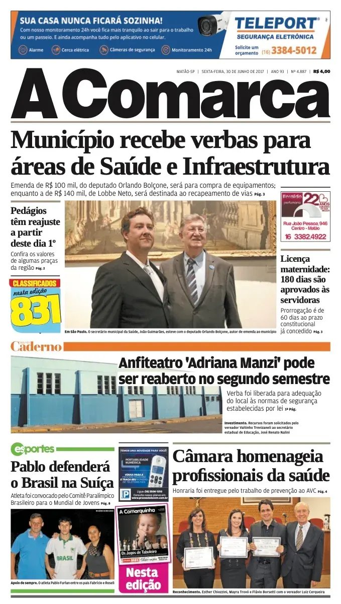Primeira página da edição 4887 de A Comarca, 30 de junho de 2017