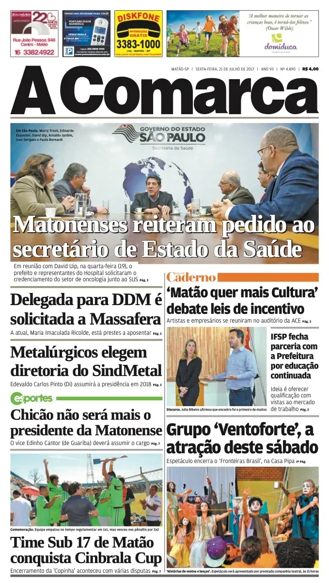 Primeira página da edição 4890 de A Comarca, 21 de julho de 2017